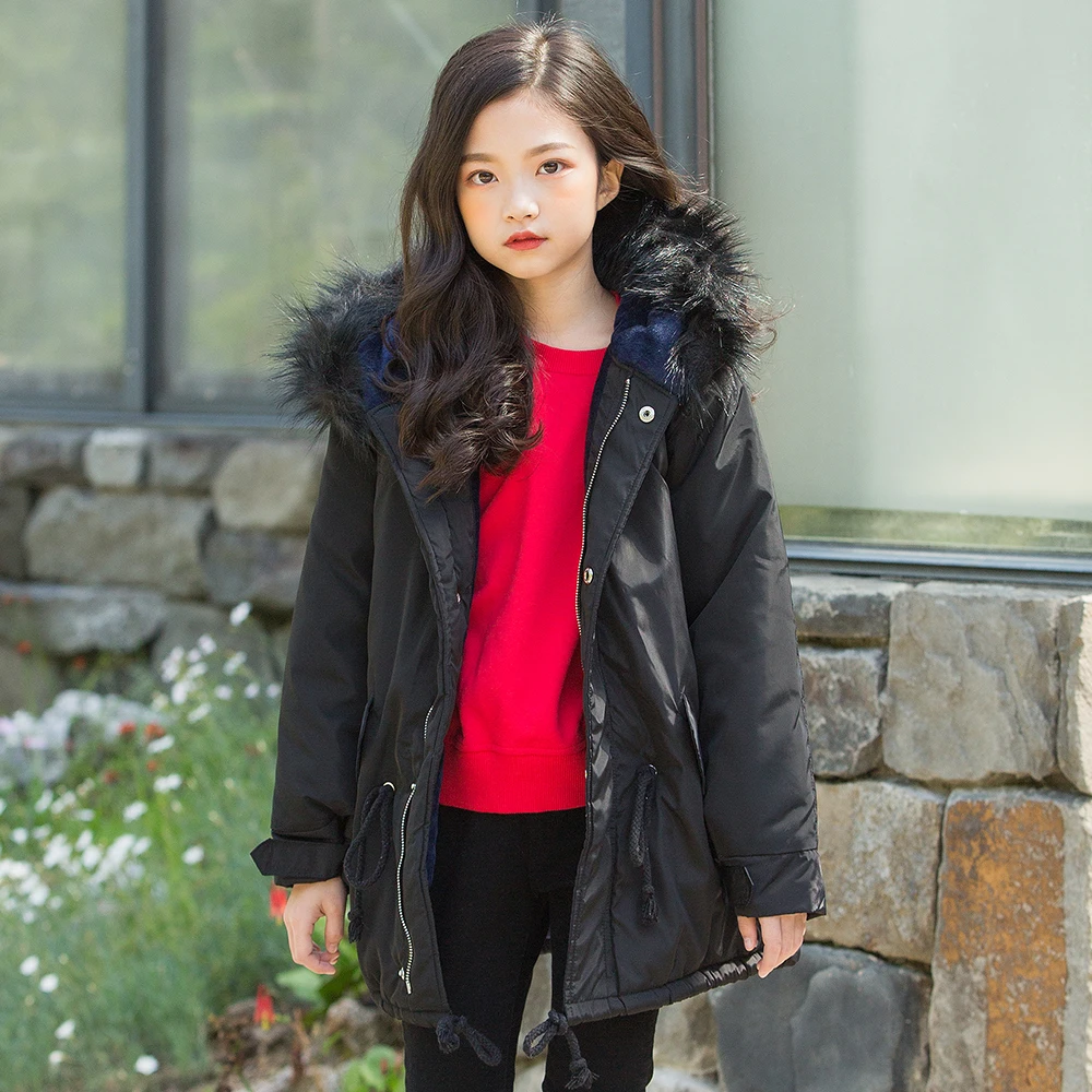Girls Cotton Padded Fur Hooded Drawstring Coat 2018 Winter Children's Clothes Big Children Warm Plus Velvet Jacket Wholesales Girls Cotton Padded Fur Hooded Drawstring Coat 2018 Winter Children's Clothes Big Children Warm Plus Velvet Jacket Wholesales