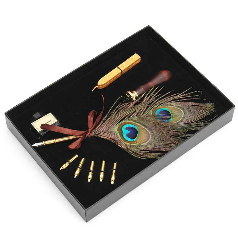 

1Set Retro Peacock Feather Quill Dip Pen Writing Ink Fountain Pens With 5 pcs Pen Tips Bottle Wax Seal Set Art Sets Gift