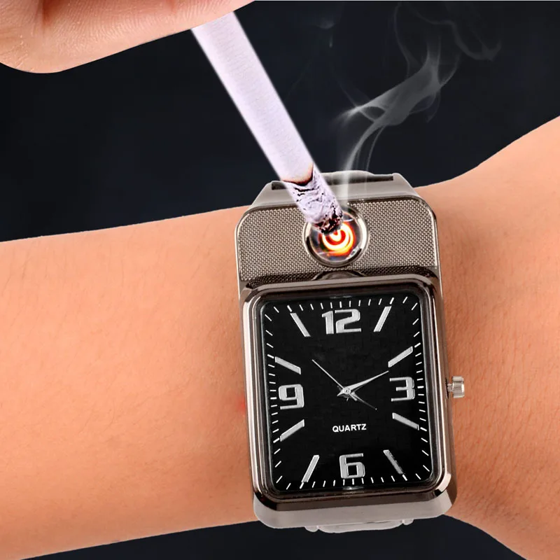 

2019 New Flameless Rechargeable USB Cigarette Lighter Watches relogio masculino Clock Lighter Men's Quartz Wristwatch kol saati