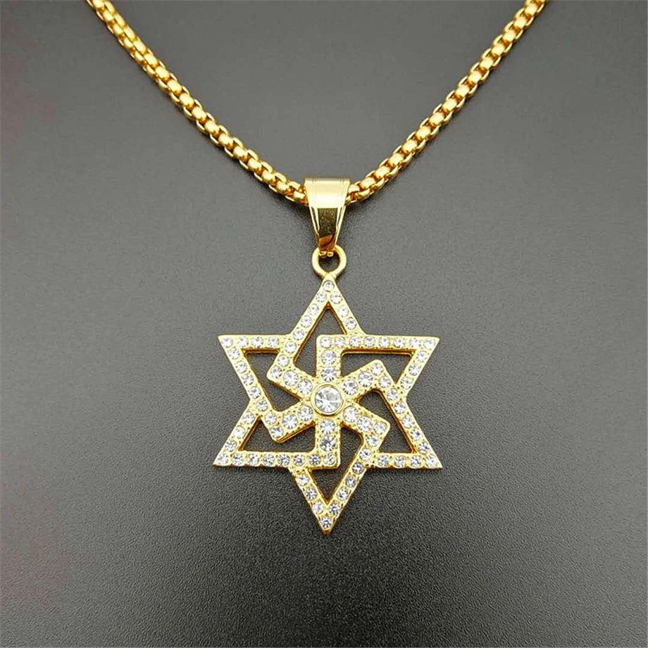 Iced Out Star of David Swastika кулон ожерелье золотой цвет нержавеющая сталь цепи для мужчин еврейский буддизм Религиозные ювелирные изделия