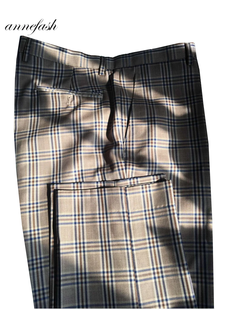 Tailor-made high quality worsted 150's wool brown windowpane check Suit Men double breast reverse collar suit