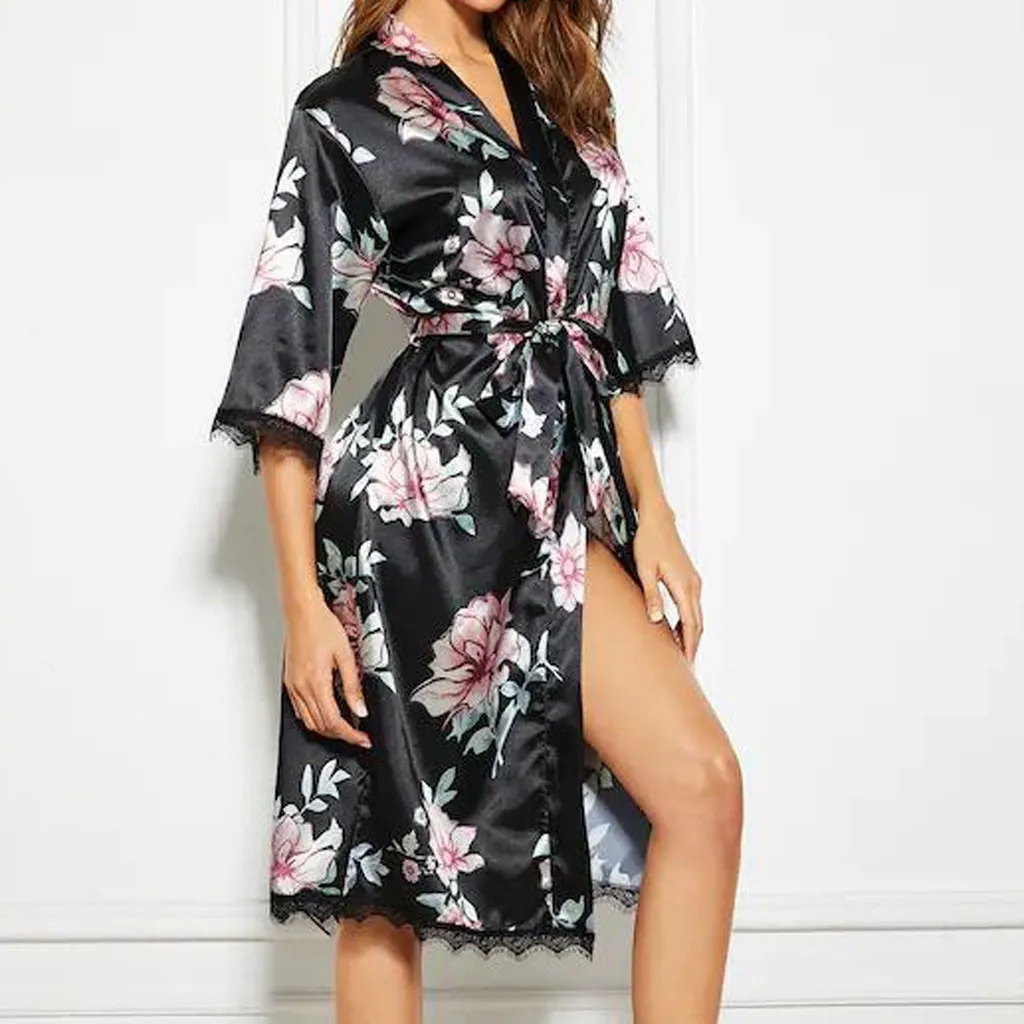 Халаты с цветочным принтом летняя одежда для сна халаты пижамы с поясом сексуальный большой размер шелковая атласная ночная рубашка с принтом кружевная ночная рубашка