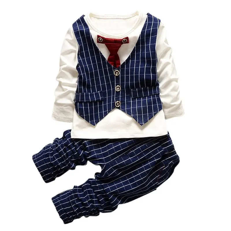 

New Formal Baby Clothes Boys Suit Long Sleeve Striped Tops Shirt + Long Pants 2Pcs Gentleman 100% Cotton Outfits