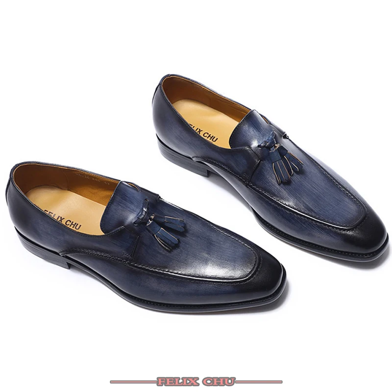 FELIX CHU/лоферы с кисточками; Мужские модельные туфли из натуральной кожи; синяя официальная обувь; вечерние, Свадебные Мужские модельные туфли; Повседневная обувь; Летняя обувь