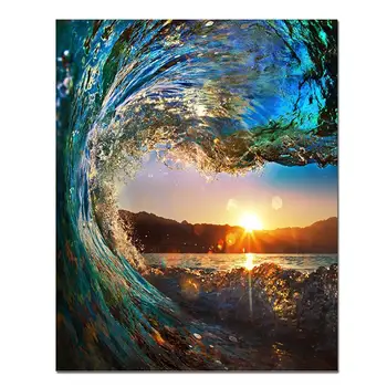 

RIHE Sea Wave sunset-DIY oil paint by numbers for kid, Hand-painted painting by numbers kit on canvas drawing, Acrylic Paint