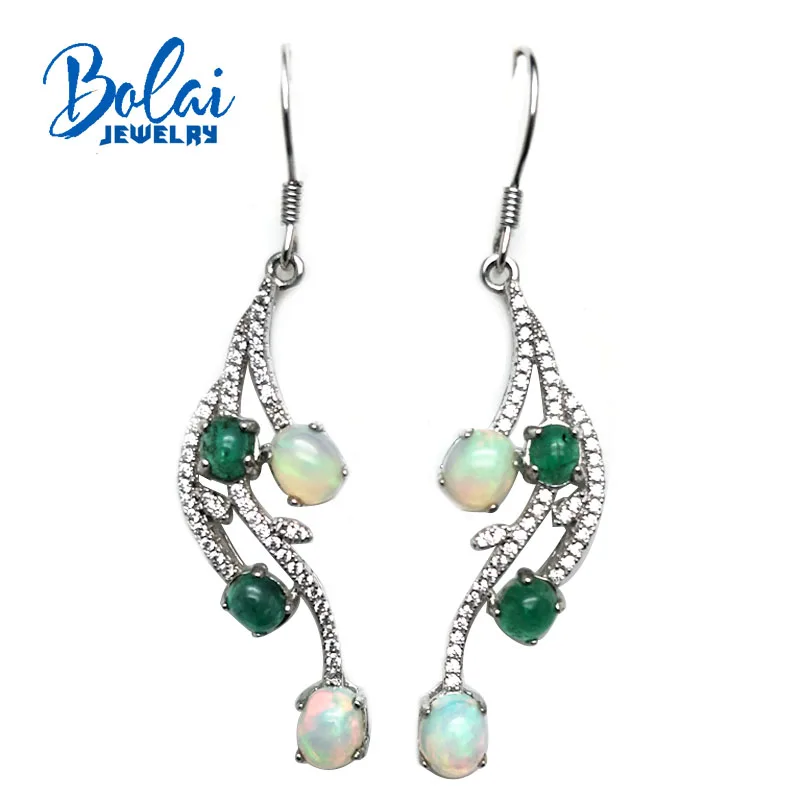 

bolaijewelry,feather Hook party earring natural oapl and emerald gemstone in 925 sterling silver women or girls wear best gift