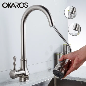 

OKAROS Kitchen Sink Faucet Pull Out Down Black Nickle Brush Chrome Finish Double Sprayer Flexible Vessel Hot Cold Water Tap C041