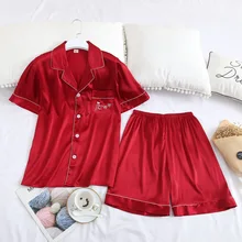 Красный пижамный комплект, одежда для сна комплект из 2 предметов для девочек, рубашка с короткими рукавами и шорты атласная домашняя сексуальная одежда для сна, комплект интимное нижнее белье
