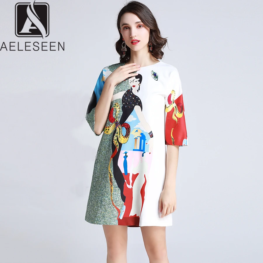

AELESEEN Runway Cascaul Dress 2019 Summer New Fashion Half Sleeve Cartoon Print Beading Diamonds Crystal Loose Dress Vestidos