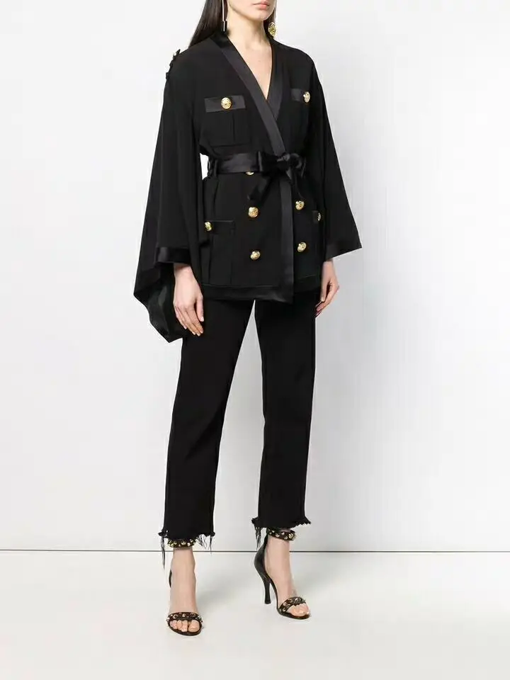 

2019 spring Fashion hot sale Flare sleeve Blazer casual Sexy Women V-Neck Celebrity Button Bow Sashes Body con Blazer Wholesale