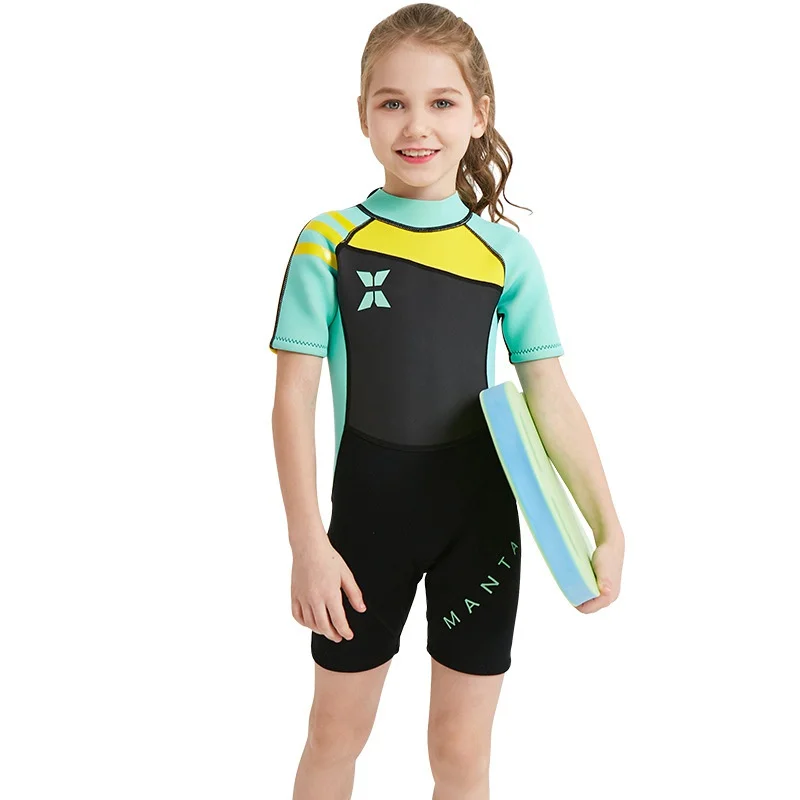 

2019 New One Piece 2.5MM Kids Girl Short Sleeve Diving Shorty Wetsuit Swim Surfing Suit Keep Warm UV Protection Swimwear