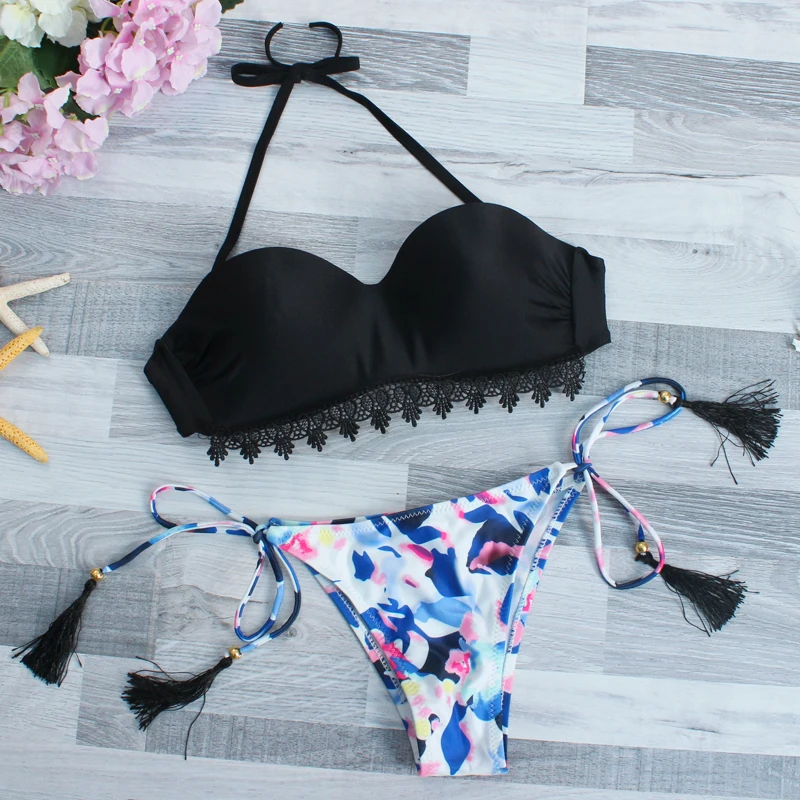 Playful Black Top Bikini Push Up Swimwear Women Side Tie Swimsuit