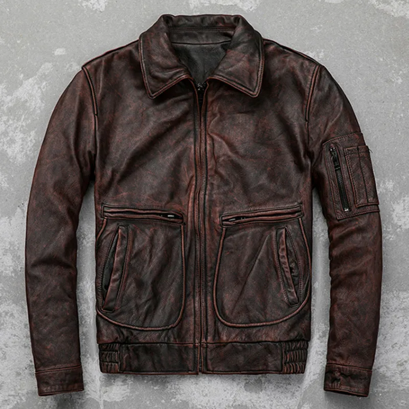 

2019 New Spring Vintage Brown Men American Casual Style Leather Jacket Plus Size XXXXL Genuine Thick Cowhide Autumn Leather Coat