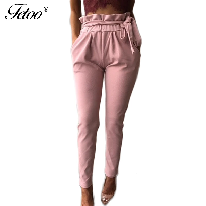 

Fetoo Casual Bandage Drawstring Trousers for Women Pants Elegant Ruffle String Belt Lace Up High Waist Pencil Pants Bottoms