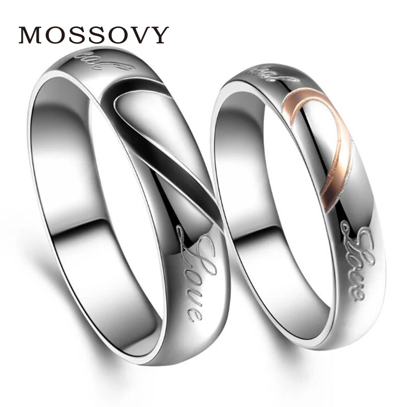 

Mossovy Love Heart Titanium Steel Couple Wedding Rings for Women Fashion Jewelry Women Accessories Silver Ring for Female Male