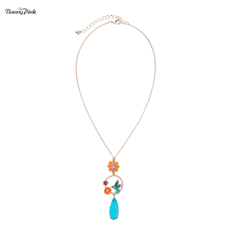 

Cute Enamel Flower Bird Charms Necklace For Gift Chunky Crystal Pendant Necklace Fashion Jewelry Colliers Metal Chain Necklace