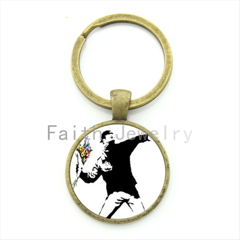 

Banksy Protester Flowers Bouquet graffiti Key Chain Unique Interesting Design Alloy Keychain Jewelry Your Finish Choice KC210
