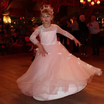 

Customzied Flower Girl Dress with Butterflies Belt Full Sleeves Buttons Jewel Neck Holy First Communion Gowns Robe De Fiesta