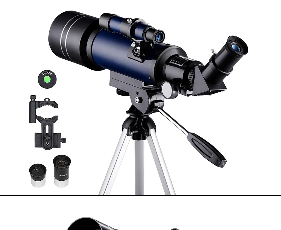Lente com Luneta Assistir para Crianças 70 Milímetros Refrator Telescópio Astronômico Telescópio Astronomia Lua Adultos Iniciantes 16x 67x Buscadora 3 Telescópio e binóculos