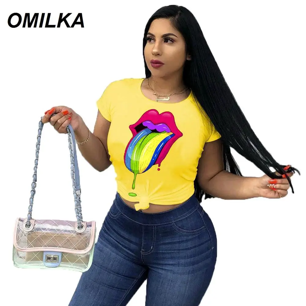 

OMILKA Colorful Lips Printed T Shirt 2019 Summer Women Short Sleeve O Neck White Black Blue Casual Hip Hop Streetwear Tee Shirts