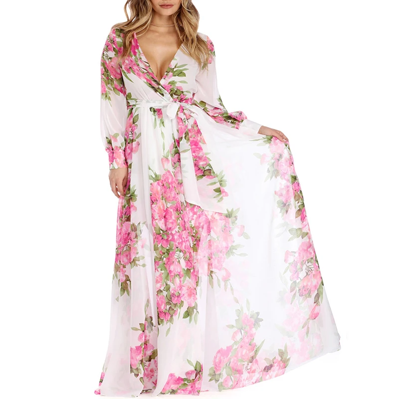 Summer Chiffon Floral Print Boho V Neck Long Maxi Dress Women Long Sleeve Elegant Sexy Beach Party Maxi Dresses Female Vestidos
