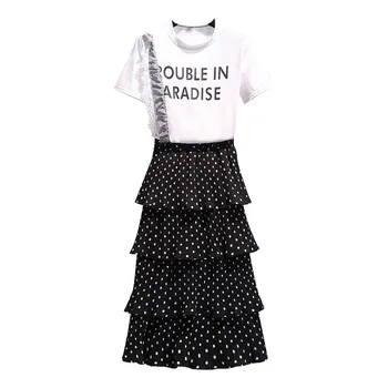 

Summer Women Preppy Style 2 Pieces Sets Ruffles Elegant Letter Print Tees Polka Dot Layer Cake Skirt Suits Polk Dot Clothes
