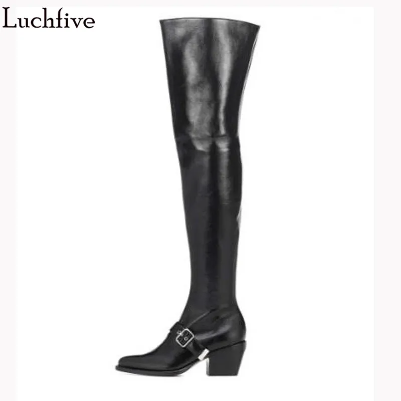 

2018 Stretch autumn knight over the knee boots women high heels winter shoes buckled strap motorcycle thigh high boots