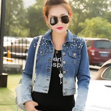2015 fashion autumn clothes short gradient denim jacket women jean jacket casual beading outerwear jackets slim coat plus size