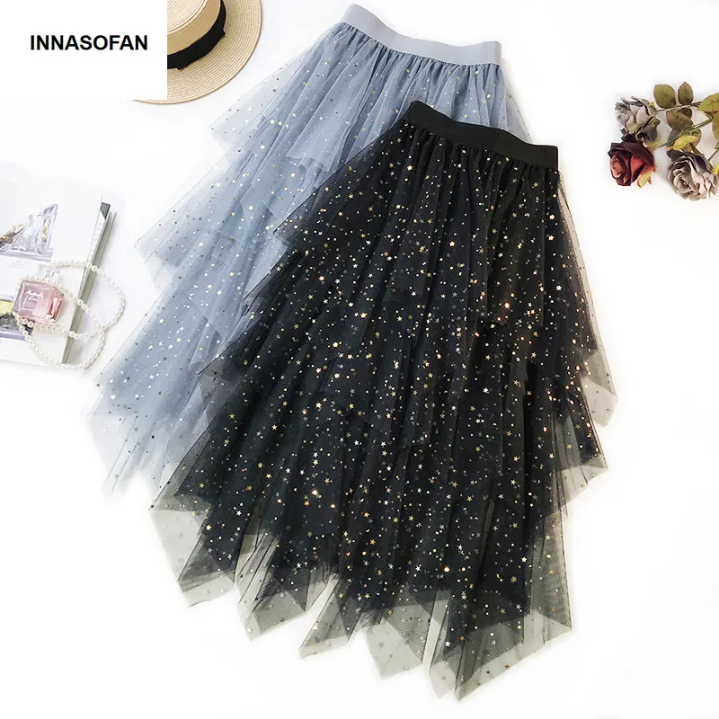 

INNASOFAN skirt for women Spring-Summer tulle High waist skirt Euro-American fashionable elegant irregular glittering skirt