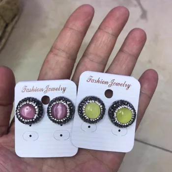 

Round Pink Grey Blue Yellow Opal Cat Eye Semi Precious Stone Pave Black White Rhinestone Charm Push Back Stud Earrings For Women