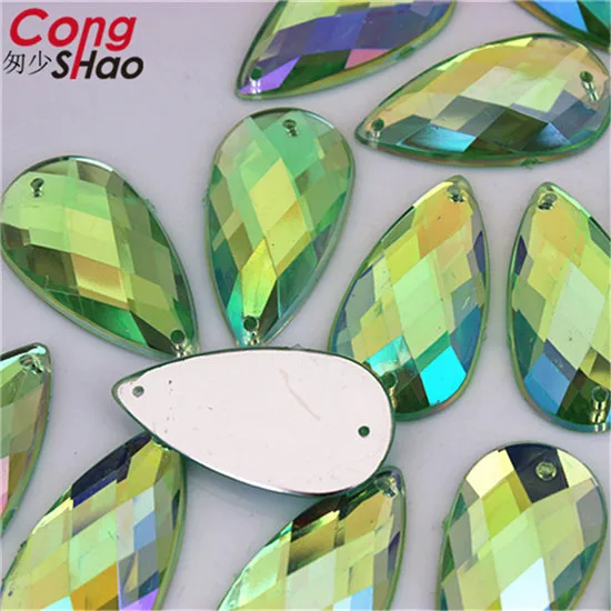 Cong Shao, 50 шт., 16*30 мм, AB цветные акриловые стразы, камни, кристаллы, плоские с оборота, для шитья, 2 отверстия, сделай сам, для свадебного платья, пуговицы CS421 - Цвет: Green AB