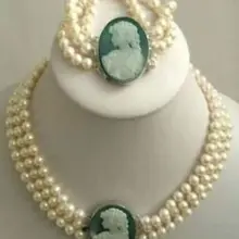 3 Strand 7-8 мм Белый Жемчуг Камея Ожерелье Браслет(C0322