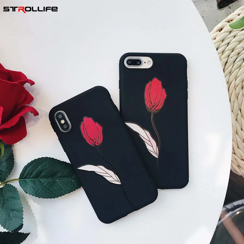 STROLLIFE 3D Relief Pattern Phone Case for iPhone X XS Max XR Red Rose Shell IPhone 8 6s 7 Plus Retro Flower Soft Cover Capa |