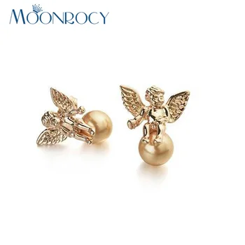 

MOONROCY Imitated Pearl Earrings Dropshipping Trendy Earrings Jewelry Zirconia Angel Rose Gold Color Crystal Earring Gift