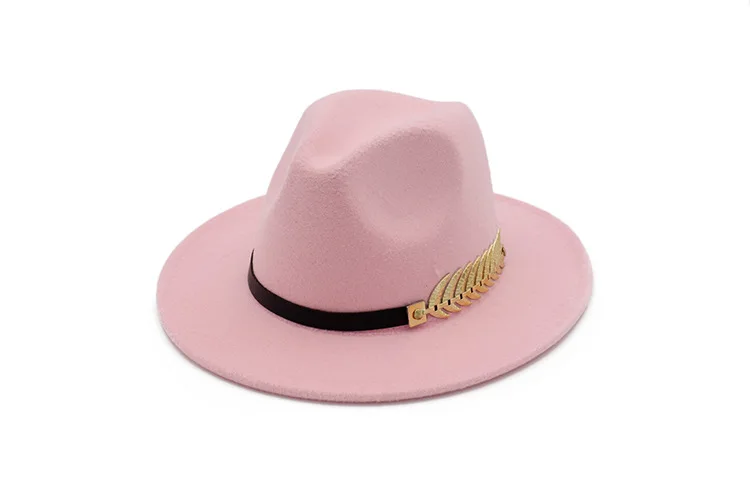 QBHAT Trend Men Women Wool Felt Panama Hat Fedora Caps with Metal Leaves Leather Band Jazz Trilby cap white green yellow hats felt fedora hat