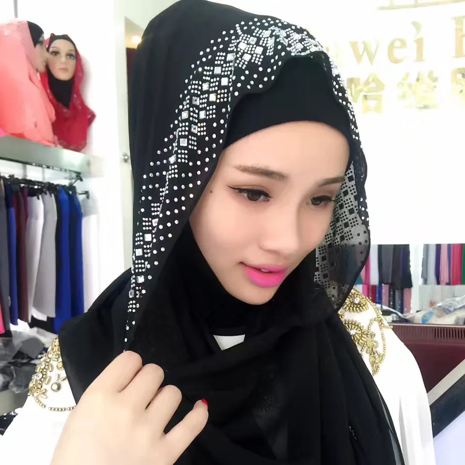 

Fashion diamonds women's scarf high quality Turkish Indonesian muslim chiffon hijab women's headwear girl's cap 180*90