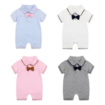 

New Born Baby Boys Gentleman Bow Tie Clothes Brand New Summer Rompers Infant Baby Girls Pink Short Sleeved Jumpsuit One Piece