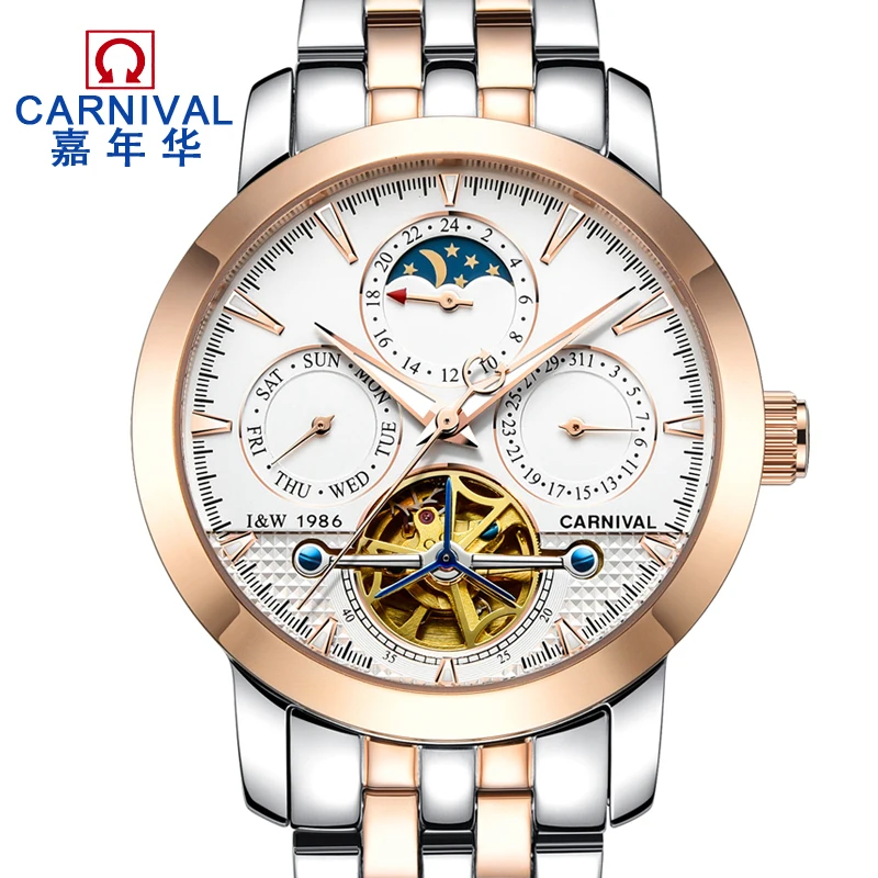 

Carnival Brand Tourbillon Watch Men Moon Phase Multifunction Mechanical Watches Luminous Waterproof Stainless Steel Clock