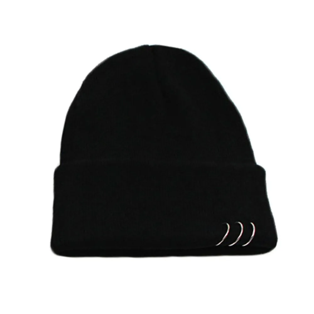 JAYCOSIN новые зимние теплые трикотажные шапки 3 Модные металлические кольца с пряжкой шапка вязанные шапки 11,14 - Цвет: BK
