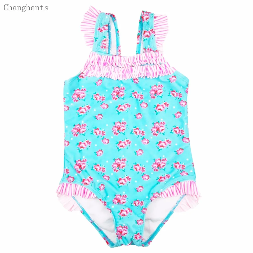 Baby Girls Swimwear Light Blue with Pink Flower Pattern 2 4Y Kids Swimsuit Children One Piece