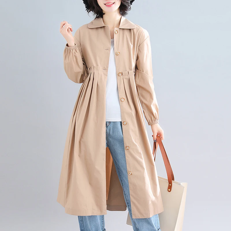 Women Long Trench Coat Windbreak Spring Autumn Long Sleeve Pleated Coat