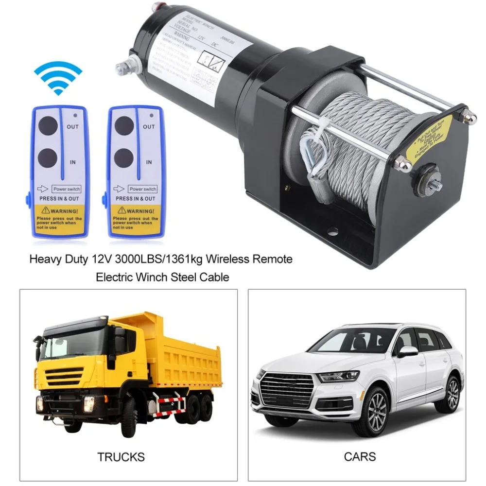 

Heavy Duty 12V Load Capacity 3000LBS/1361kg Wireless Remote Switch Electric Winch Steel Cable 4-Way Roller Fairlead