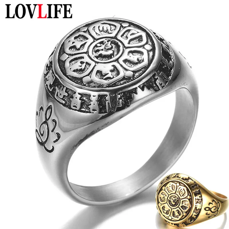 

Vintage Religious Ring Alloy Om Mani Padme Hum Lotus Sanskrit Amulet Finger Rings for Men Women Avalokitesvara Bodhisattva Punk