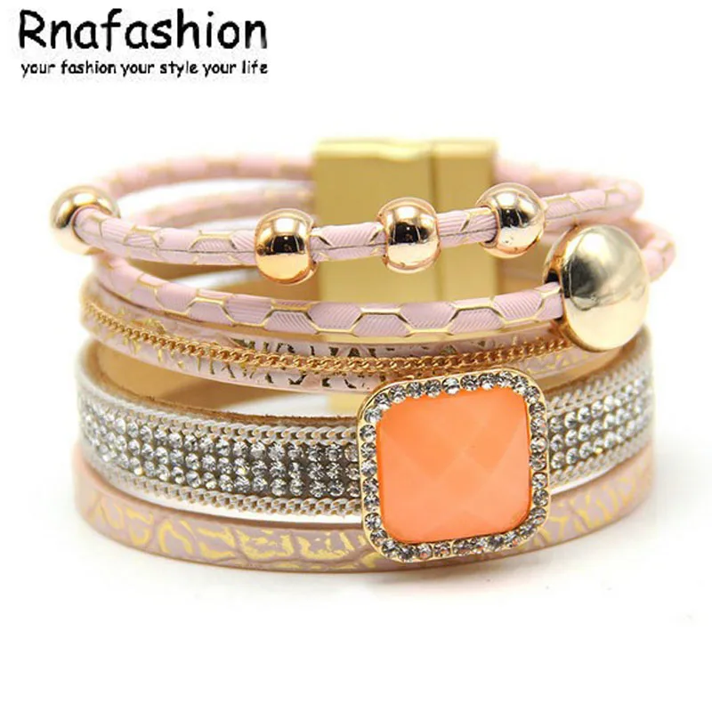 

RNAFASHION Fashion Magnetic Leather Bracelets & Bangles Bohemia Wind Multilayer Leather Bracelet Crystal Charm