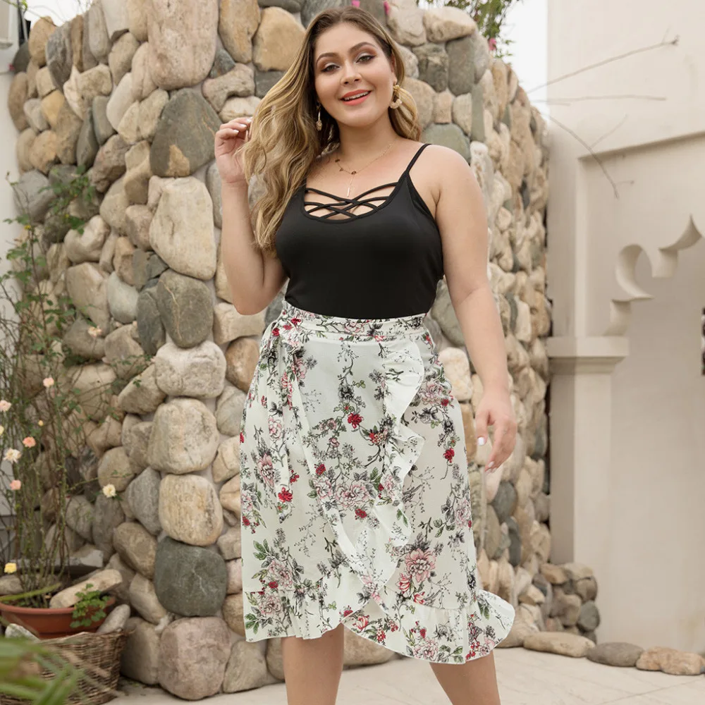 Women's Skirt Plus Size Women Chiffon Skirt Europe Floral Skirts Bow Saia Midi Lining Jupe Femme Lace Up Falda Mujer Summer B4