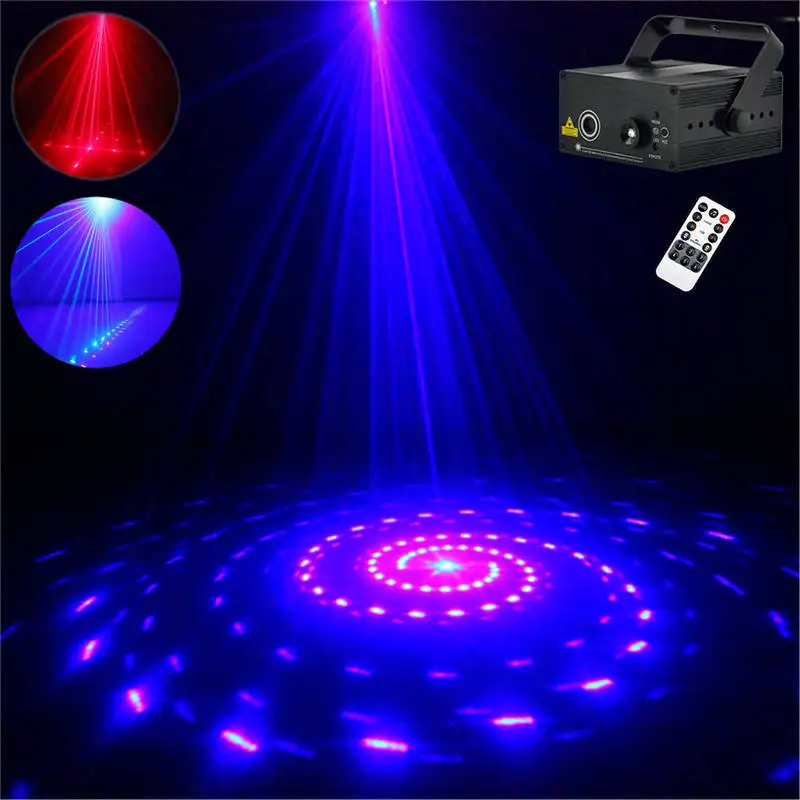 AUCD Mini 12 Pattern Red Blue Laser Projector Stage Light 3W Blue LED Mixing Effect DJ Party KTV Laser Show Stage Lighting Z12RB smuxi portable stage light auto voice led laser projector stage lighting effect dj ktv party christmas decor remote control