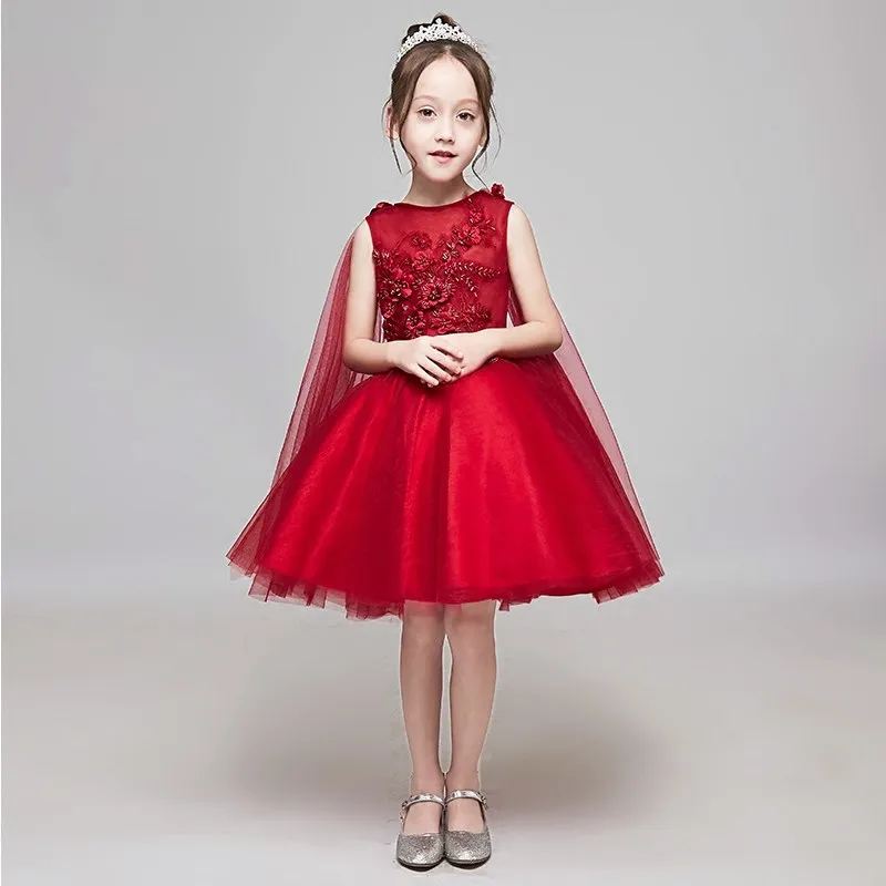 

Wine Red Flower Girl Dresses with Shawl Floral Wedding Party Dress Ball Gown Appliques Kids Princess Prom Dress Birthday Gowns B