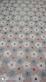 

African Noble Design Net Lace Fabric With 3D Applique Guipure Style 3D Flower Sequins Nigerian Indian Wedding Mesh Material