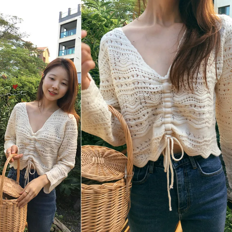 

Women Autumn Korean Knitted Tops and Blouses Drawstring Shirt V-neck Hollow Out Sexy Bodycon Chemise Femme Haut Femme