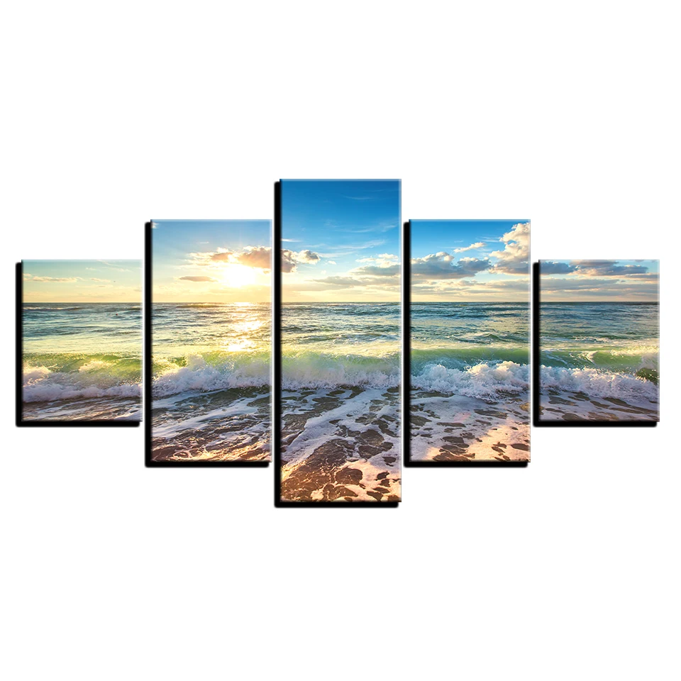 

Wall Art Canvas HD Prints Paintings Framework For Living Room Posters 5 Pieces Sunshine Beach Waves Seascape Pictures Home Decor